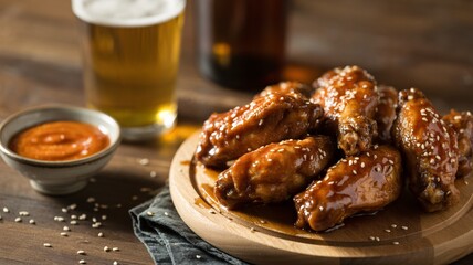 Delicious chicken wings with sesame seeds on wooden plate with beer