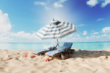 Two blue beach chairs under the parasol on sand beach. Summer travel concept design. 3D Rendering, 3D Illustration © hd3dsh