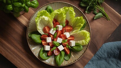 Fresh Greek salad with feta, tomatoes, and basil on wooden board