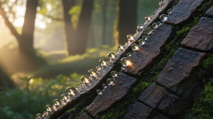 Dew drops on mossy wood in serene forest at sunrise
