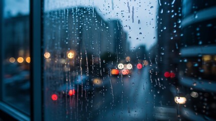 Rainy city street view through wet window with blurred lights