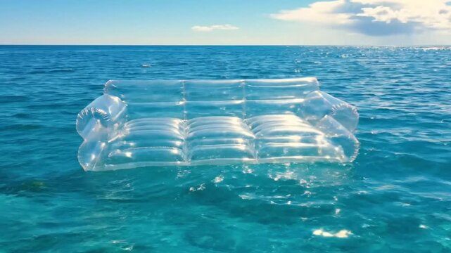 Clear inflatable lounge floats peacefully on turquoise sea