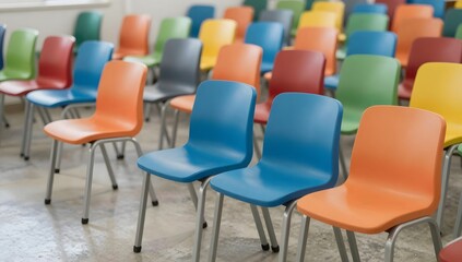 Fototapeta premium Rows of colorful plastic chairs create vibrant pattern in an auditorium