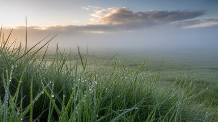 Dewy grasslands under serene morning fog at sunrise