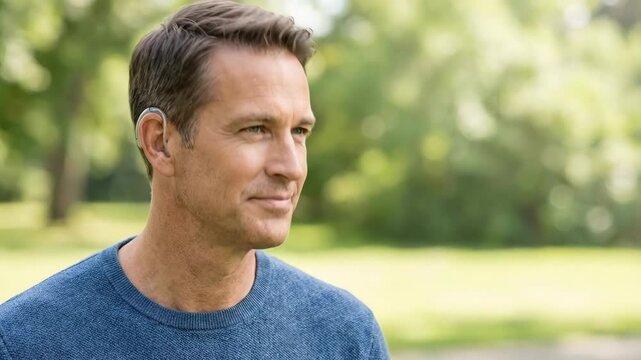 Happy man in teal t shirt with cochlear implant. Hearing aid concept for improved hearing and a happy life.	
