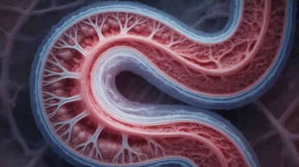 Detailed view of human intestine with visible blood vessels and tissues