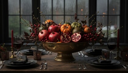 Autumn table centerpiece with pumpkins and pomegranates