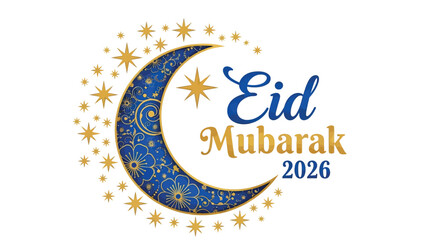 Eid Mubarak 2026 greeting card with crescent moon and stars © Angles