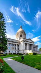 A large white building with a dome roof surrounded by green lawns and trees under a blue sky