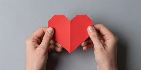 Obraz premium Hands holding a red geometric paper heart against a gray background for valentine's day