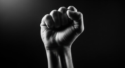 Black and white image of a clenched fist raised against a dark background, with dramatic lighting