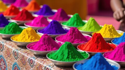 Bowls of vibrant powdered pigment arranged for a colorful cultural celebration