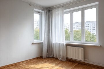 Empty room with white curtains and a radiator under the window.
