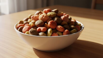 Obraz premium Close-up of a full white bowl of dry pet food on a wooden table, lit by sunlight