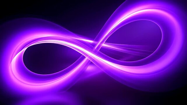 Abstract glowing purple infinity symbol with light streaks on dark background