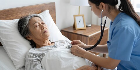 Obraz premium Health worker checks up on elderly patient in hospital bed with stethoscope