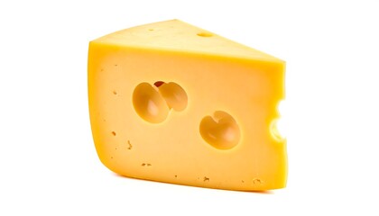 Close-up of a triangular wedge of yellow cheese with holes, isolated