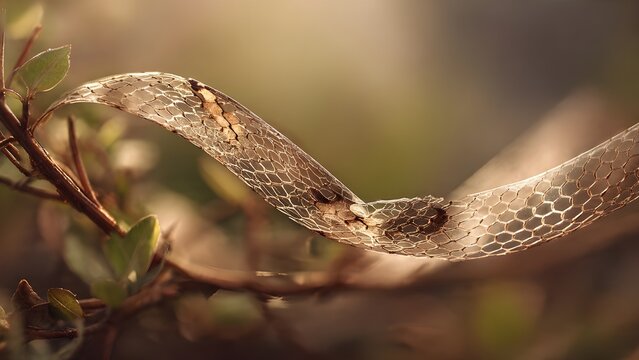 Snake skin shed on a branch in the wild with soft sunlight