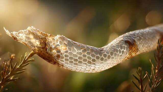 Macro shot of translucent snake skin shed on a plant with golden sunlight