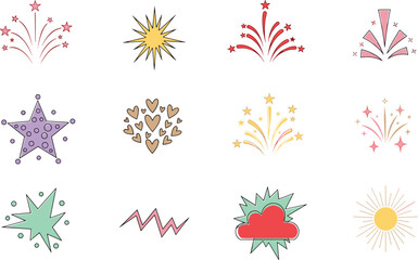 Obraz premium Colorful Cartoon Fireworks and Starburst Collection with Stars Hearts and Sun Symbols Isolated on White Background for Celebration and Party Designs