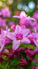 Obraz premium Close-up of vibrant pink flowers with green foliage and soft background