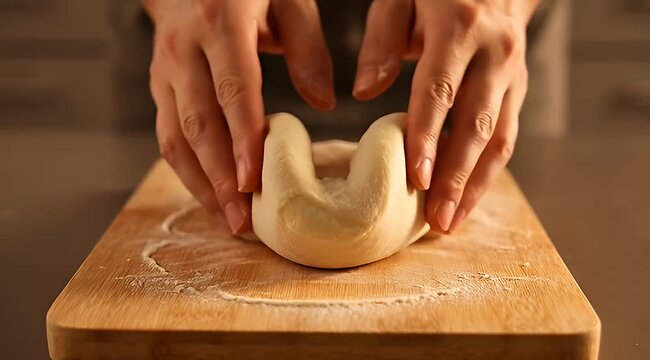 Making dough by pressing and kneading with hands on a wooden board