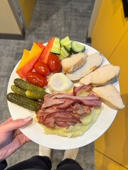 hand holding a white plate with food made from pieces of chicken and bacon with cucumbers and sliced ​​pieces of pepper and fruits
