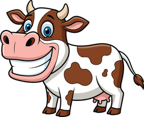 Cute Cartoon Brown Spotted Cow Smiling with Big White Teeth, Happy Farm Animal Vector Illustration Isolated on White Background for Kids