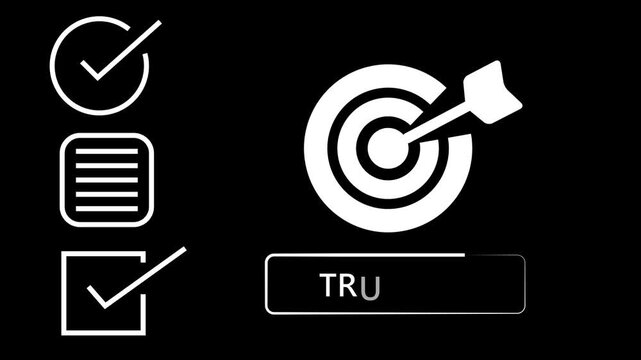  checklist with two completed tasks and one pending a target with an arrow in the bullseye, and the word True displayed.