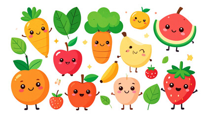 Fototapeta premium Cute kawaii fruits and vegetables characters set with smiling faces healthy food cartoon flat vector illustration