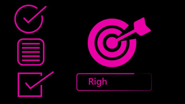 Black of a Checklist with Two Checked Boxes and a List Next to a Target with an Arrow Hitting the Bullseye and the Word RIGHT in a Rectangular Box.