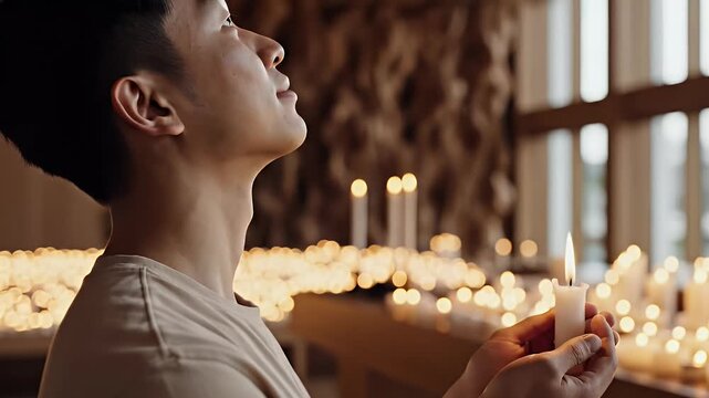 Peaceful Asian Man Holding a Lit Candle in a Brightly Lit Room conveying Spiritual Faith and Hope
