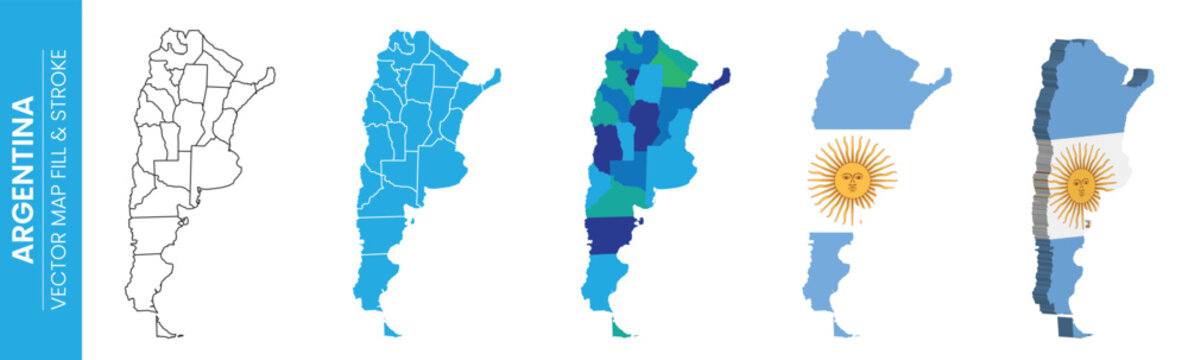 A series of maps depicting Argentina, showcasing its administrative divisions and national flag. This visual representation is ideal for geographic or patriotic themes.