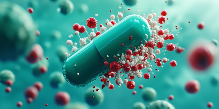 Colorful pill destroying pathogens in 3D, concept of treatment, immunity support, and advanced healthcare innovation