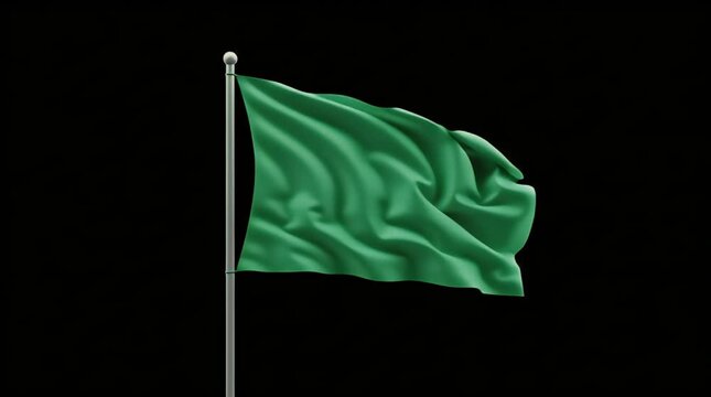 A vibrant emerald green flag proudly flutters on its flagpole, showcasing smooth, flowing fabric ripples against a stark, empty black background, perfect for custom branding.