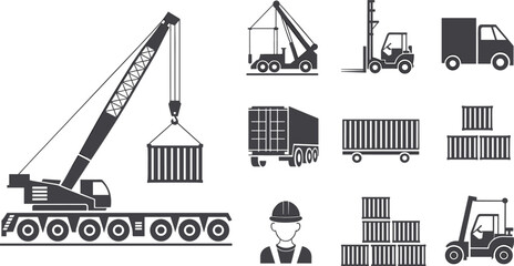 Flat vector silhouettes of forklift, tractor, dump truck, snowplow vehicles © Sohel