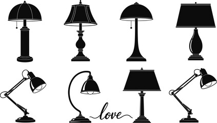 Silhouette lamp collection, table lamp designs, desk lamp illustration, floor lamp vector, modern lighting icons, decorative love typography art © MstAyesha