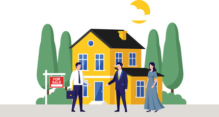 Professional real estate agent shaking hands with a couple in front of a yellow house for sale with trees and sun flat vector illustration.