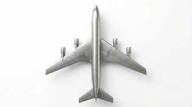 silver airplane model, top view plane, aircraft on white, miniature silver jet, aviation design object, sleek metal plane, toy airplane overhead, travel concept icon, silver wings spread, modern aircr