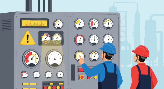 Industrial control panel with workers in factory.