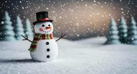 Obraz premium Cheerful snowman in snowy landscape.