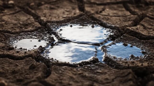 Macro shot of water droplets falling on parched and cracked soil to represent environmental relief from drought