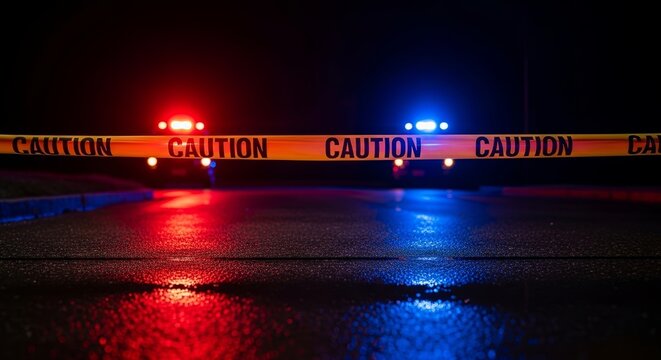 Caution tape stretches across a dark, wet road at night, illuminated by the flashing red and blue lights of emergency vehicles, creating a dramatic.