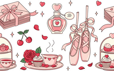 Cozy coquette aesthetic collection featuring pink ballet slippers perfume bottles love letters cupcakes tea and delicate floral elements hand drawn vector illustration © Kanon Islam