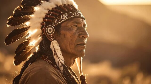 Indigenous man wearing traditional headdress with feathers and intricate beadwork