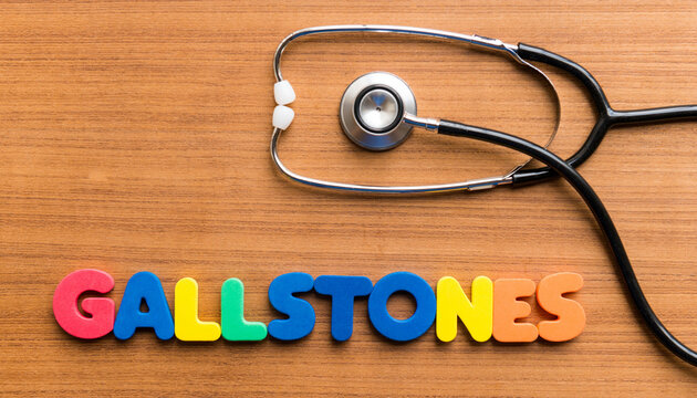 A stethoscope and colorful letters spelling gallstones