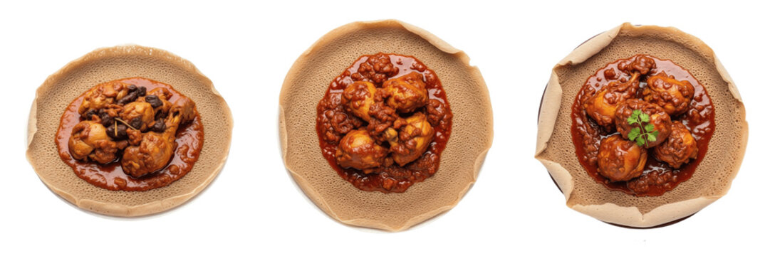 Set of Traditional Doro Wat Chicken Stew and Injera from Ethiopia &ndash; Authentic East African Cuisine Transparent Background PNG