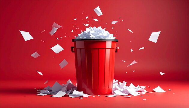 Red Trash Can Overflowing with Flying Crumpled White Papers on Red Background