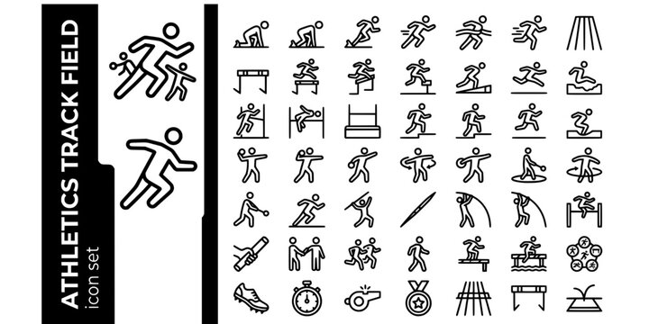 Athletics Track Field Bold Line Icons-Sprint Start Block Hurdle Leap Long Jump High Jump Fosbury Shot Put Discus Hammer Javelin Pole Vault-15 Athletics Icon Set Vector - Track Field Icons