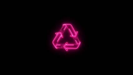 Fototapeta premium Neon pink glowing recycling symbol with three arrows forming a triangle on a dark Generate title without using the word 